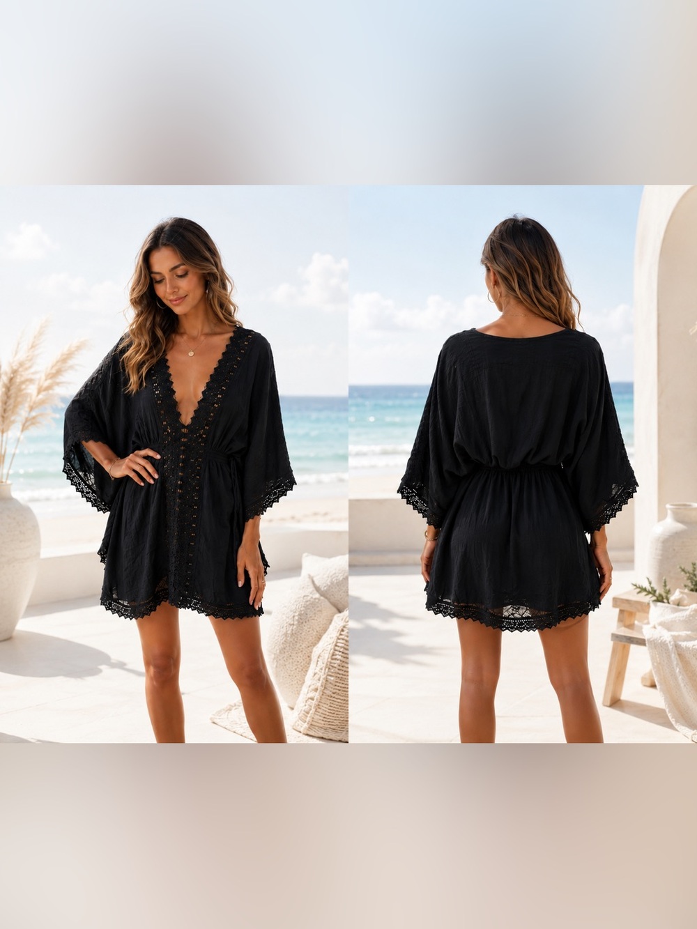 BLANCO 100% Cotton Boho Black Kimono Sleeve Tunic Dress Lace Accent Small - Picture 2 of 16